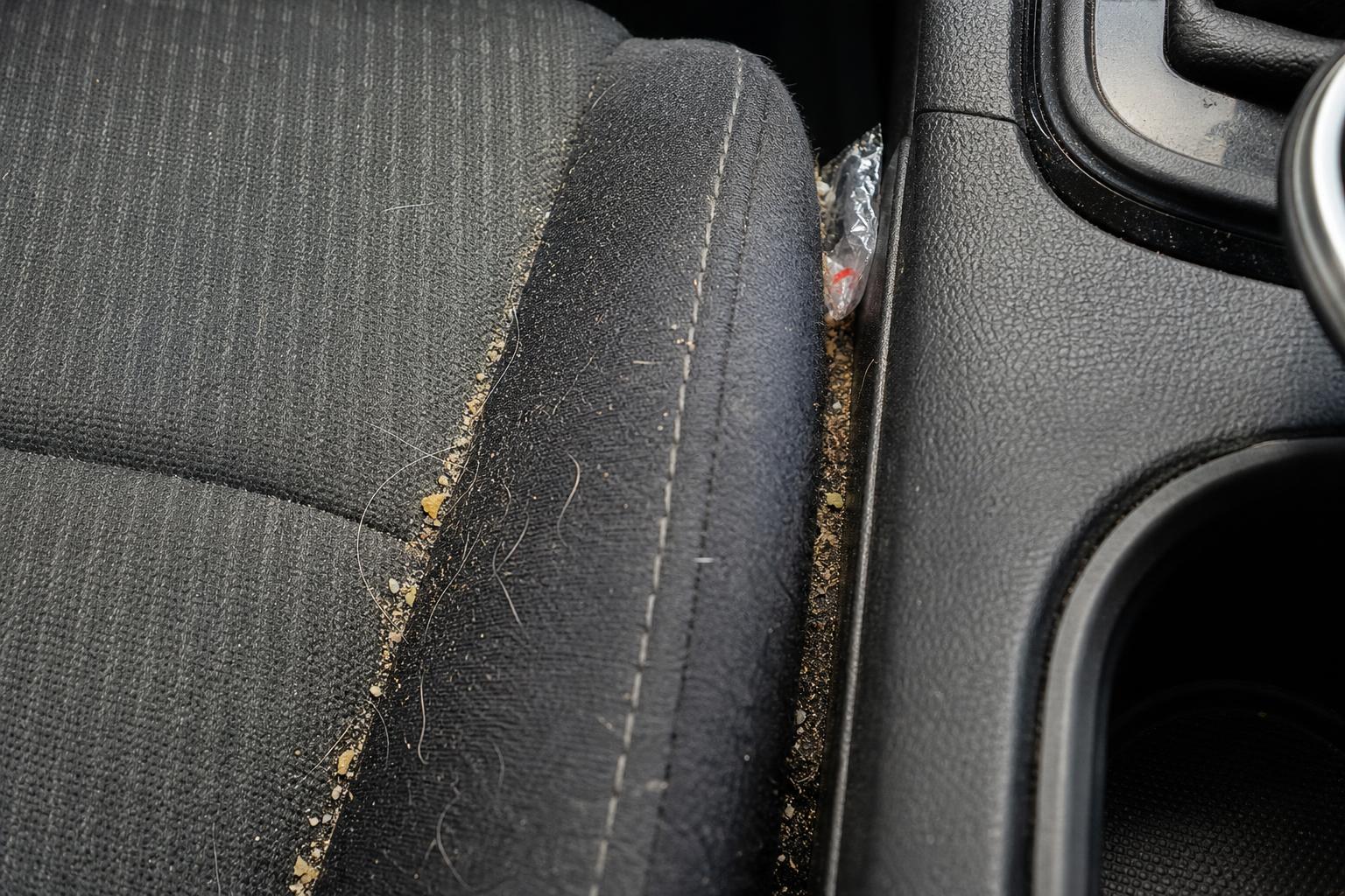 Asiento de coche con migas, arena y pelos